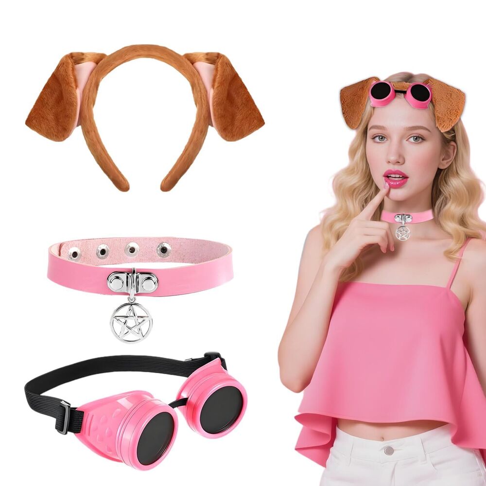7226 Dog Ear Headband Pink Steampunk Goggles Necklace Paw